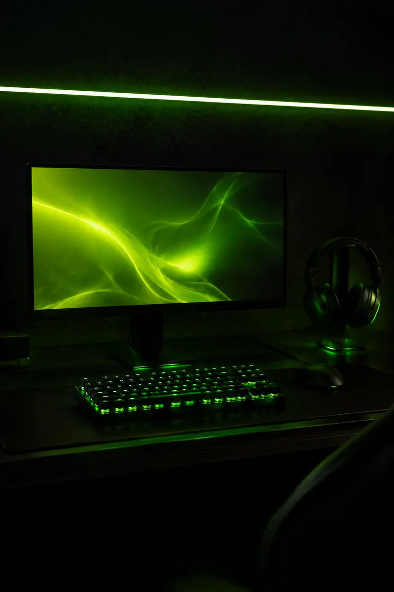 Escritorio individual con monitor, teclado mecánico y auriculares gamer.